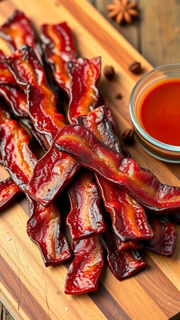 Homemade Bacon Jerky Recipe Homemade bacon jerky strips on a wooden board with dipping sauce and spices.